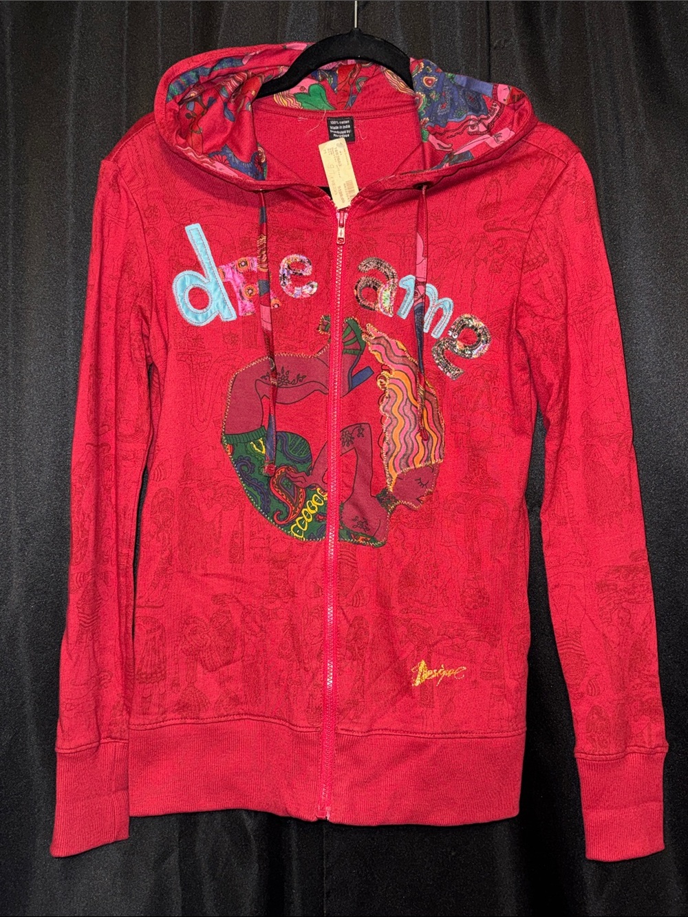 NWT Desigual Dreams Cranberry Red / Gold Stitch Hoodie - Medium